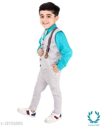 Boy's Ethnic Party Wear Shirt Waistcoat and Pant Set - 0-1 Years, Aqua, Top Fabric Bottom Fabric : Polyster, Multipack :single Add-Ons:bow Tie